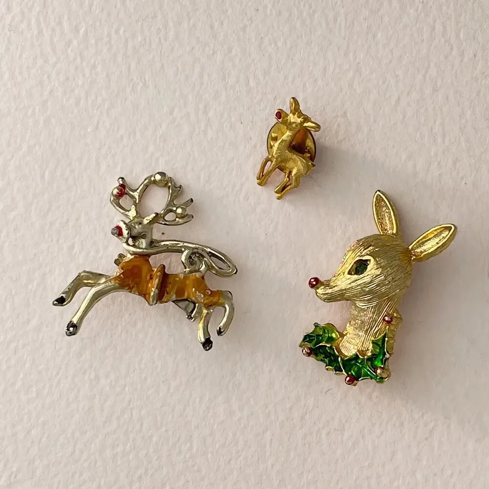Vintage Christmas Pins Reindeer Rhinestone Enamel Brooch Signed Gerrys Lot of 3